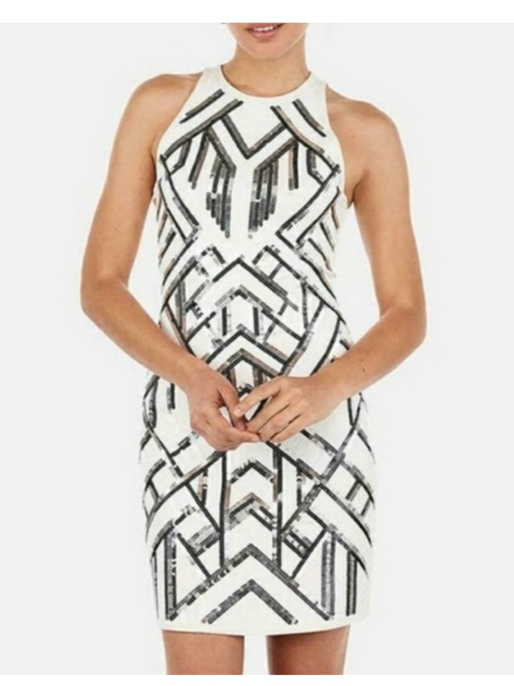 Express White Sleeveless Sequin Geo Mini Dress